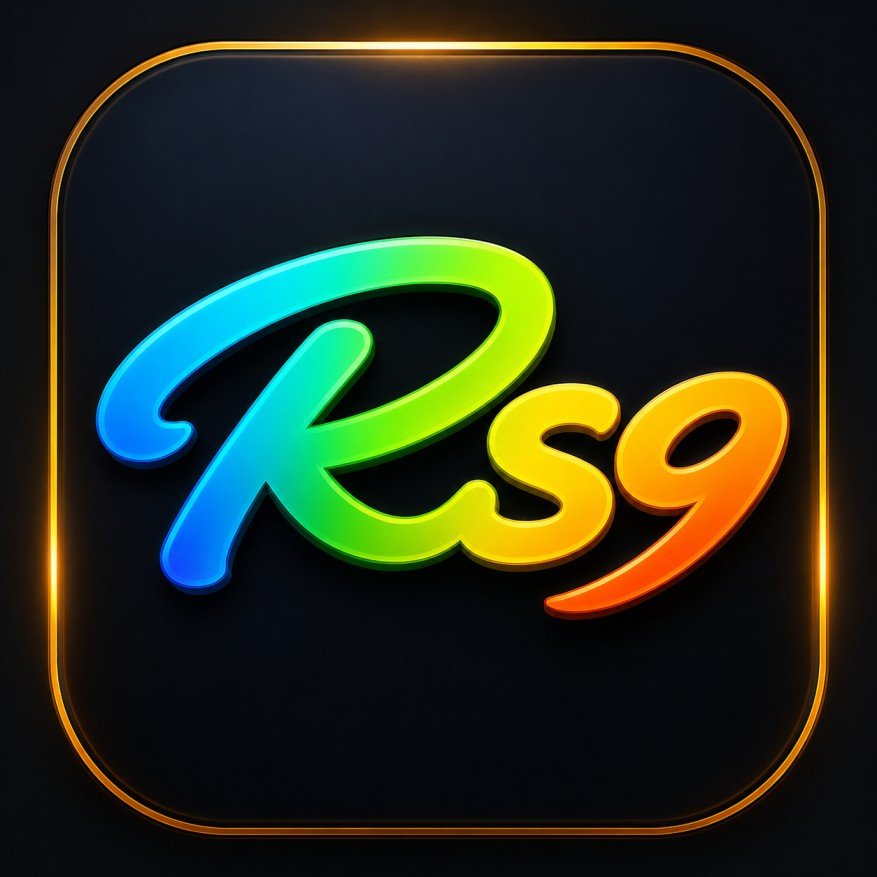 Rs9 Game colorful neon logo with glowing golden border on dark background